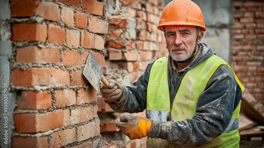 Poster a mason in a reflective jacket and helmet, holding a trowel and looking confidently at the camera, w