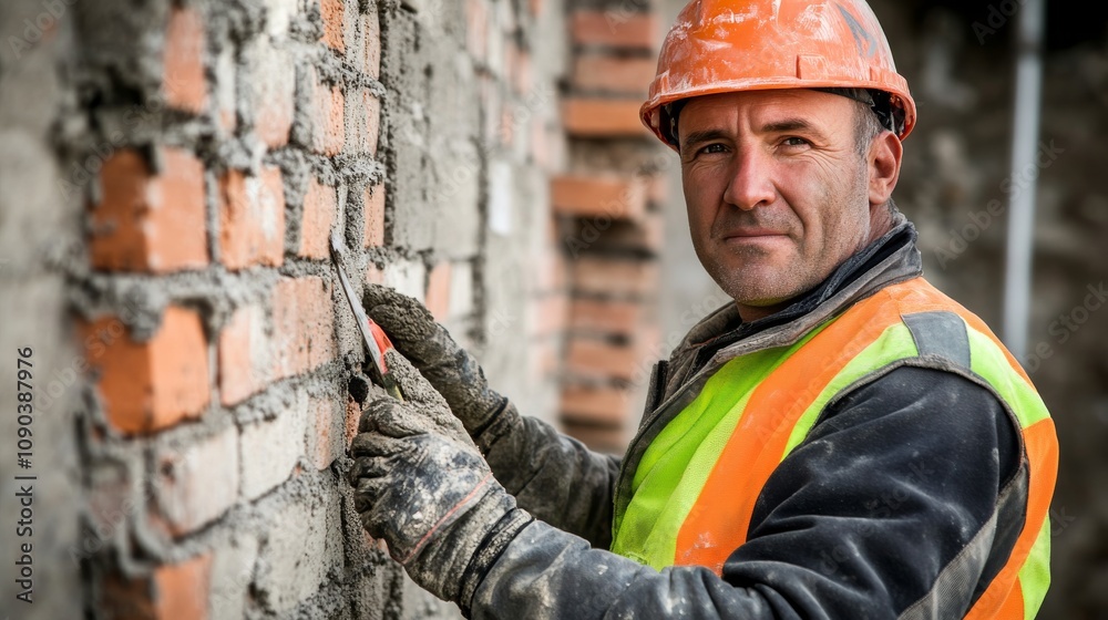 Poster a mason in a reflective jacket and helmet, holding a trowel and looking confidently at the camera, w