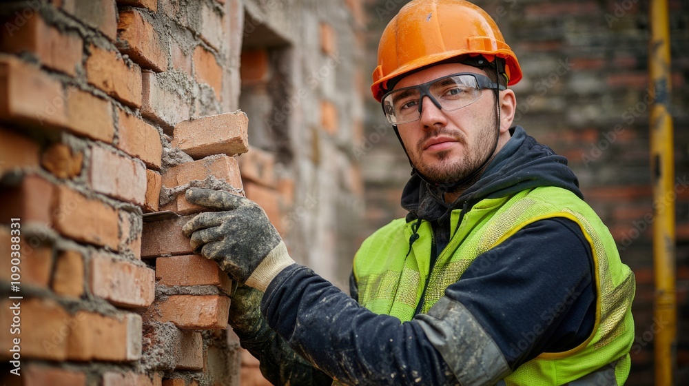 Poster a mason in a reflective jacket and helmet, holding a trowel and looking confidently at the camera, w
