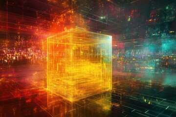 Glowing cube in vibrant, futuristic cityscape.