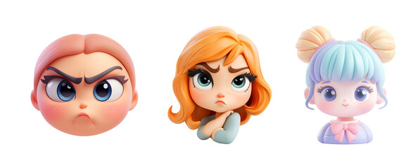 Fototapeta premium Three colorful cartoon characters displaying various emotions and hairstyles.