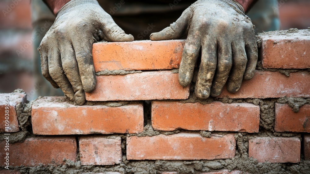 Poster a mason laying bricks with mortar, focusing on the intricate craftsmanship and attention to detail, 