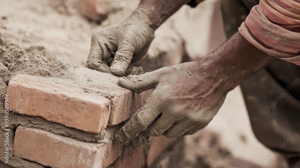 Poster a mason laying bricks with mortar, focusing on the intricate craftsmanship and attention to detail, 