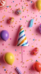 Fototapeta premium Pink Party Background with Colorful Balloons, Confetti, and Party Hat. Birthday Party Background