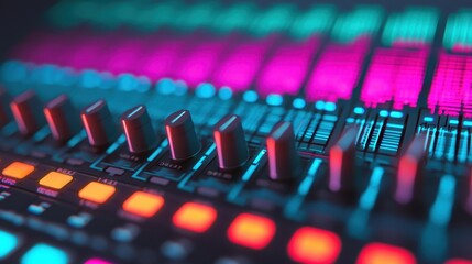 Fototapeta premium A close-up of a digital audio mixing console, showcasing colorful LED lights and faders for sound control in a vibrant, modern music production setting.