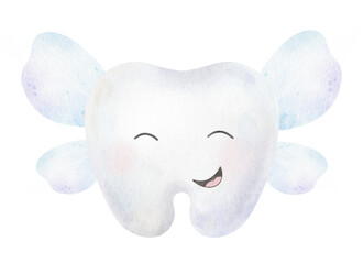 Obraz premium Cute Tooth with wings. Smile Kawaii Character Baby tooth fairy. Isolated hand drawn watercolor kids illustration for pediatric dentistry, products of dental health care, Happy Tooth Fairy day card.