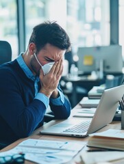 Obraz premium Working man with laptop, mask on, showing signs of stress.