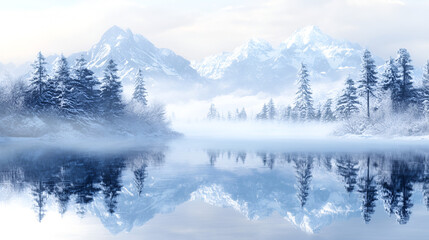 Fototapeta premium Frozen lake reflecting towering snow capped peaks early morning mist drifting across tranquil winter landscape