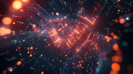 Fototapeta premium Abstract Digital Art: Glowing Orange and Blue Data Stream in Dark Space