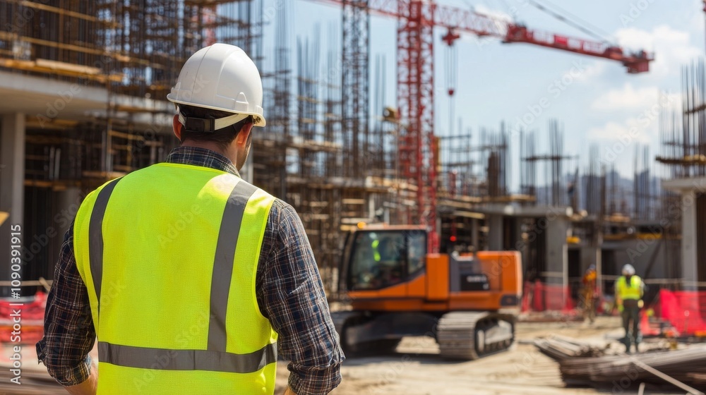 Poster a modern construction site with cranes and scaffolding, construction worker in reflective vest and h