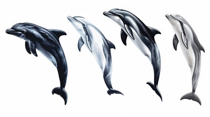 A series of dolphins in various stages of swimming, depicted with a dynamic sense of movement.