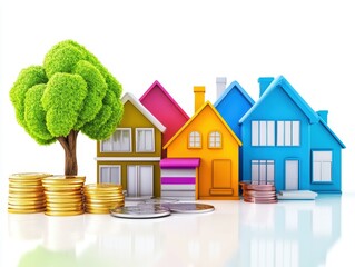 Colorful miniature houses, coins, and a tree on a white background.