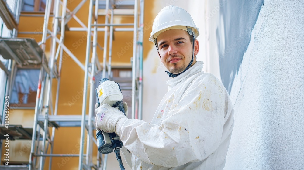 Poster a painter in a white coverall and hard hat, holding a paint sprayer and looking directly at the came
