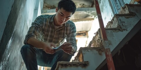 Fototapeta premium A construction worker using a digital tablet to review blueprints or check on the progress of a renovation project.