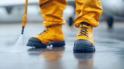 Obraz premium person wearing yellow protective gear and boots is pressure washing wet surface, creating clean and shiny effect. focus is on footwear and water spray