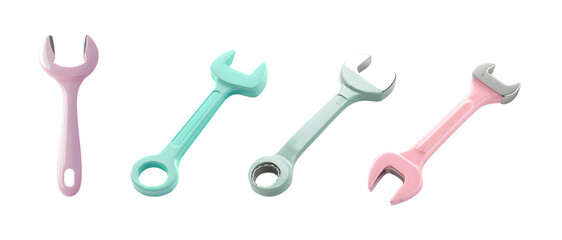 Naklejka premium Colorful plastic toy wrenches in pastel shades: pink, mint green, and blue for playful settings.