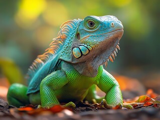 Obraz premium A vibrant green iguana basks in the sunlight, showing off its colorful scales and calm gaze.