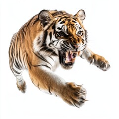 Fototapeta premium Tiger leaping with fierce expression, white isolate background.