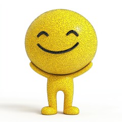 Yellow smiley character with arms raised, expressing joy, white isolated background.