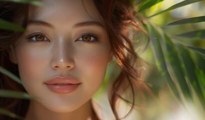 Fototapeta premium Portrait of asian woman with natural makeup, beautiful eyes and brown hair for organic and beauty salon cosmetics advertising for skin, hair and face products