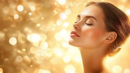 Naklejka premium Ethereal Beauty Portrait with Soft Golden Bokeh and Glowing Skin Highlighting Serenity and Radiance in a Dreamlike Setting