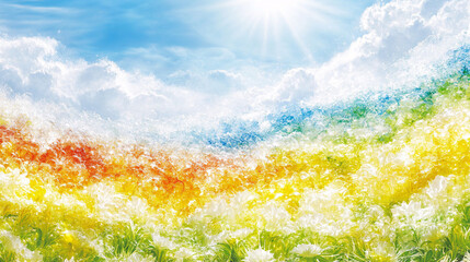 Fototapeta premium A vibrant landscape filled with colorful flowers under a bright blue sky, featuring sunlit clouds and a serene atmosphere.