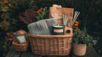 A basket filled with candles, a blanket, and a potted plant
