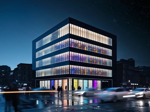 Modern bank building shining at night time lapse.