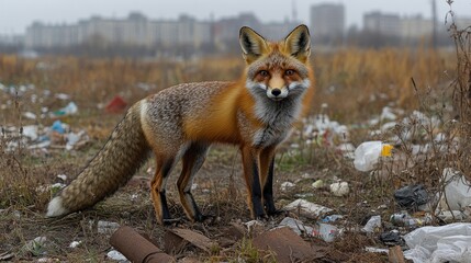 Red fox standing amidst urban litter, showcasing environmental impact of human waste on wildlife.