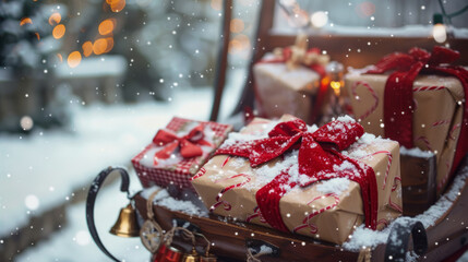 A beautiful Victorian Santa clause sleigh with bells snow and wrapped gifts Christmas card style image with copy space Christmas tree bokeh background and positive emotion	