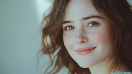 Naklejka premium Young woman with natural beauty smiling softly, showcasing radiant skin and expressive eyes in a softly lit indoor setting with a serene background.