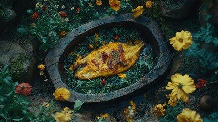 A beautifully plated fish surrounded by vibrant flowers and greenery, creating a visually appealing, nature-inspired presentation.