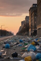 Urban Street Littered with Plastic Waste at Golden Sunset.