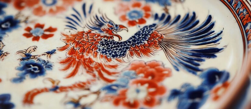 Delicate antique Japanese Imari plate, vivid reds and blues, symmetrical floral and phoenix motif, gently worn edges 