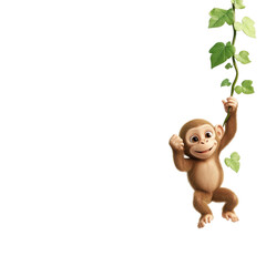 Playful baby monkey hanging from a vine surrounded by lush green leaves in a vibrant jungle setting, showcasing its curious expression and lively personality.
