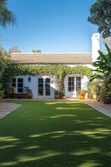 Obraz premium Tranquil garden view of a white house with lush greenery and artificial grass during daytime