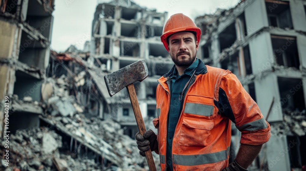 Poster a portrait of a demolition worker in safety gear, holding a sledgehammer and looking directly at the