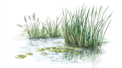 Tranquil Water Scene with Reeds and Lily Pads