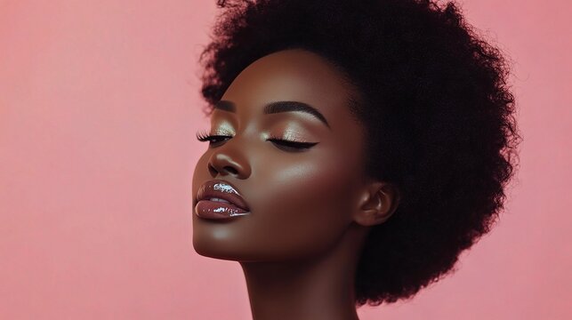 Elegant Portrait of a Woman with Natural Afro Hairstyle Against a Soft Pink Background Showcasing Radiant Skin and Glamorous Makeup