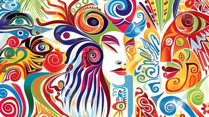 Colorful Abstract Art with Spirals and Faces
