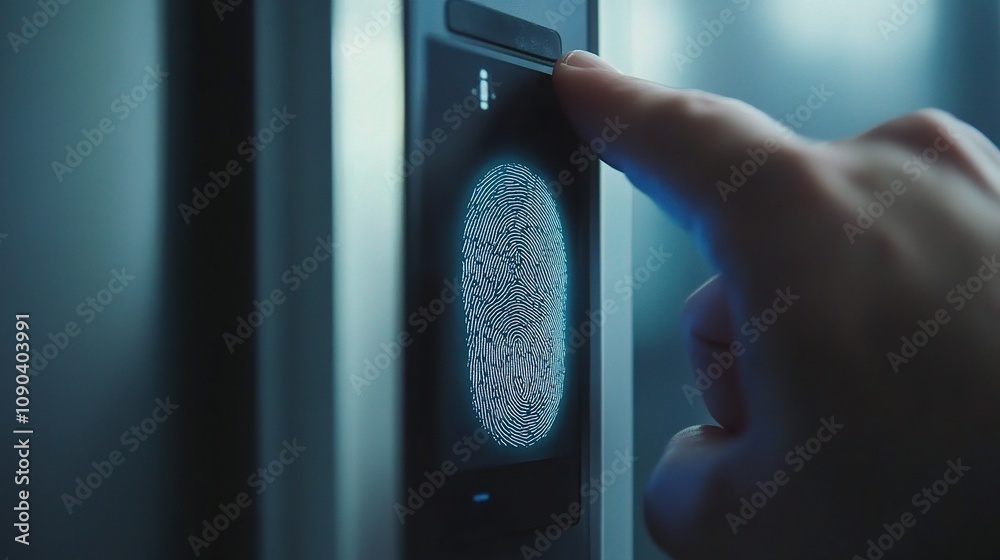 Poster futuristic fingerprint scanner technology with human finger engaging touch control for security acce