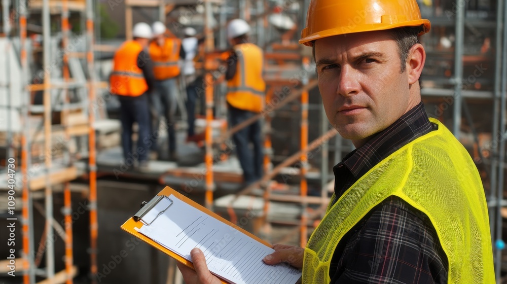 Poster a portrait of a safety inspector holding a clipboard, with scaffolding and workers in the background