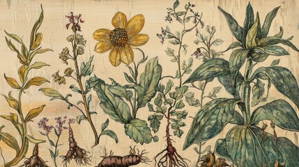 Botanical Illustrations of Various Plant Species