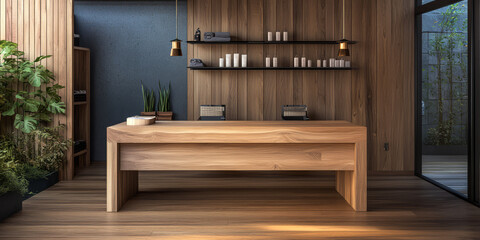Contemporary wooden reception desk in a minimalist interior design setting with natural light