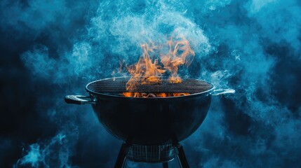 Dramatic Barbecue Scene with Flames and Smoke Emanating from a Grill, Perfect for Culinary, Cooking, or Outdoor Entertainment Themes