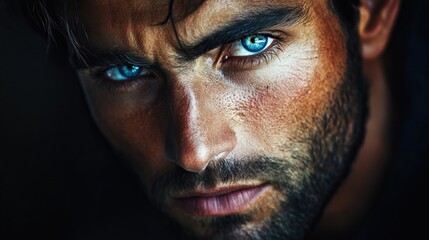 Obraz premium A close-up portrait of a man with striking blue eyes and a rugged appearance.