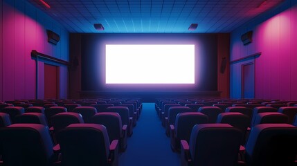 Fototapeta premium Modern Cinematic Theater Interior with Empty Seats and Bright Screen in Neon Lighting, Perfect for Film and Entertainment Industry Concepts