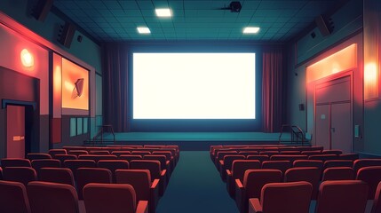 Fototapeta premium Empty cinematic theater interior with illuminated screen and red seating, ideal for film presentations and movie-related content in a vibrant setting