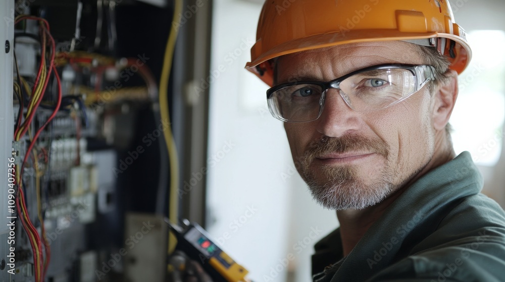 Poster a portrait of an electrician in a hard hat and safety glasses, holding a voltage tester and looking 