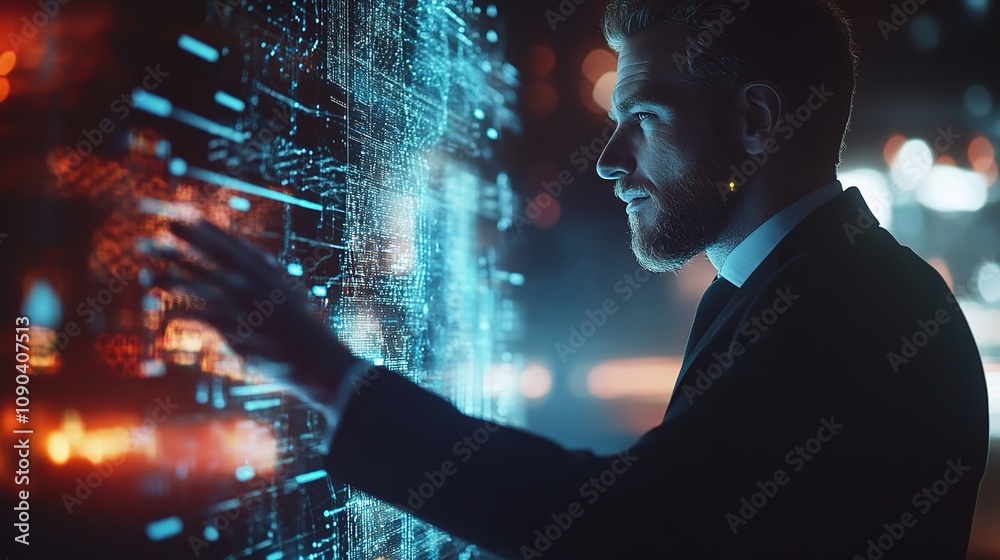 Poster professional businessman engaging with futuristic digital data interface in a dark environment, show